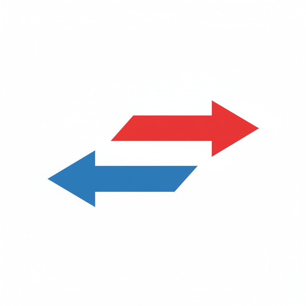 Two opposing horizontal arrows, with a red arrow pointing right and a blue arrow pointing left.